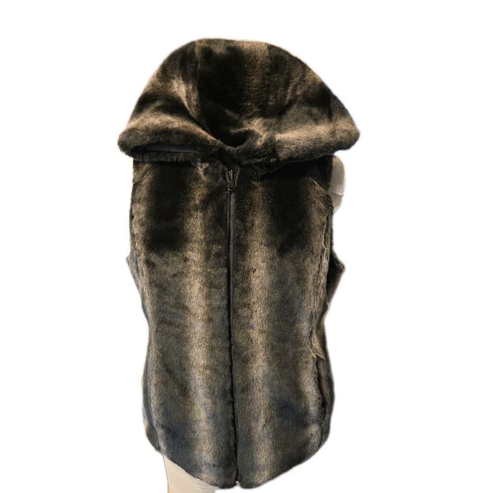 Kristen Blake Black & Faux Fur Reversible Hooded Vest Size Small